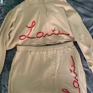 Tan cropped hoodie with mini skirt